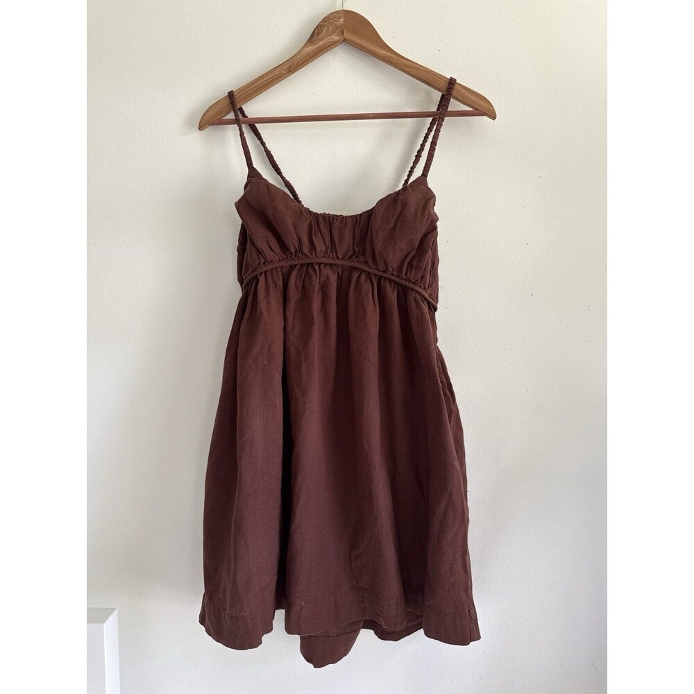 Free People Brown Babydoll Mini Dress L Tie Back Spaghetti
